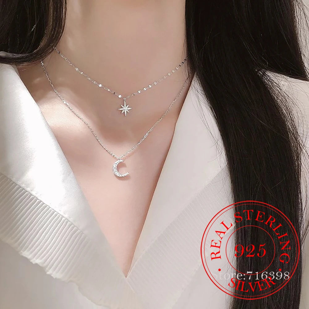 925 Silver Double Layer Star Moon Pendant Necklace for Women