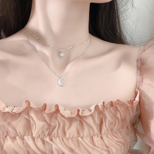 925 Silver Double Layer Star Moon Pendant Necklace for Women