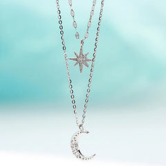 925 Silver Double Layer Star Moon Pendant Necklace for Women