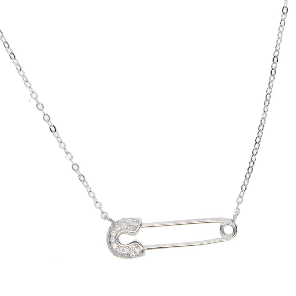 925 Silver Safety Pin Charm Necklace for Women CZ Pin Charms Jewelry