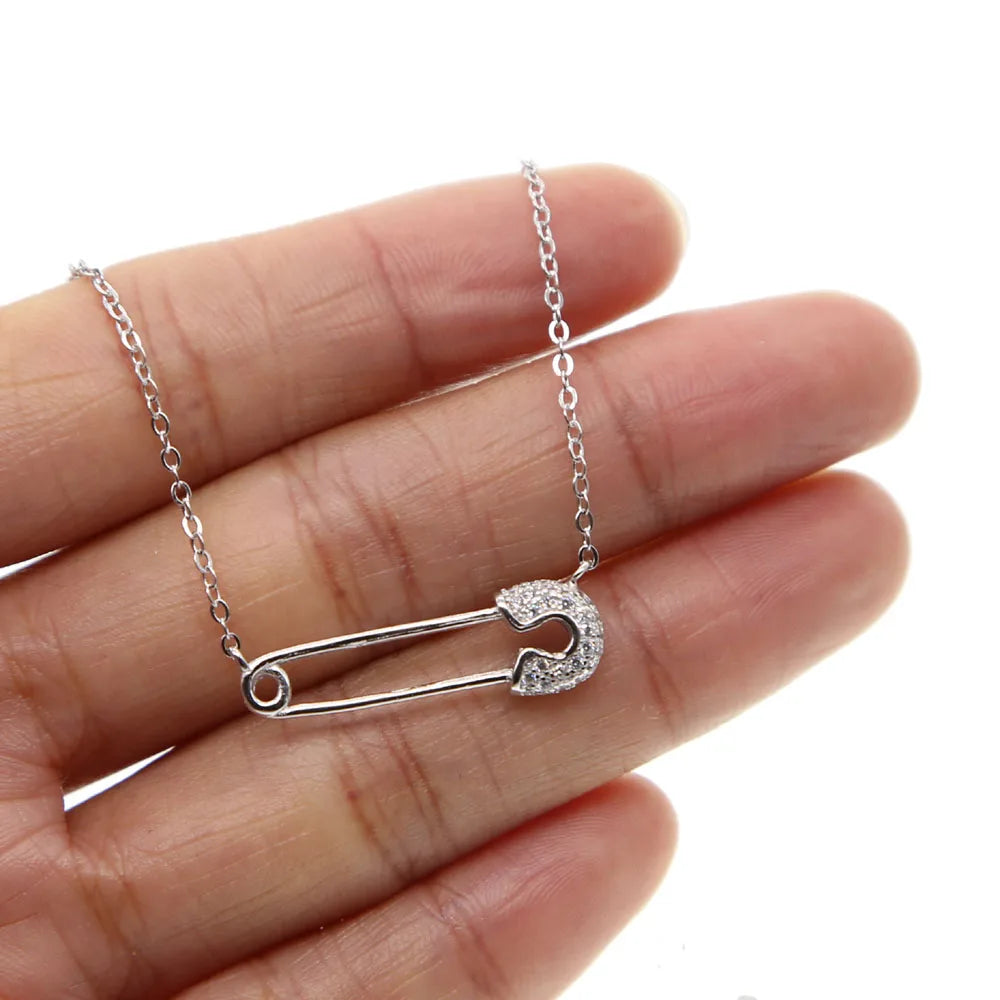 925 Silver Safety Pin Charm Necklace for Women CZ Pin Charms Jewelry