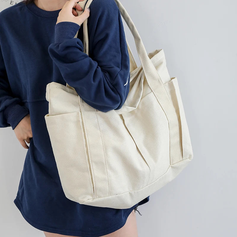 100% Cotton Totes For Women Large Capacity Canvas Shoulder Bags Solid Packages