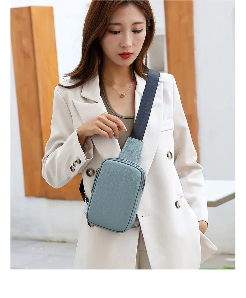 Genuine Leather Ladies Cell Phone Crossbody Bag Chest Bag