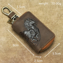 Leather Car Key Wallet Men Key Holder Housekeeper Horse Carving Keychain Covers