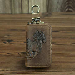Leather Car Key Wallet Men Key Holder Housekeeper Horse Carving Keychain Covers