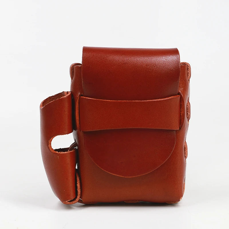 High Cowhide Leather Cigarette Case Men Vintage Small Belt Waist Bag