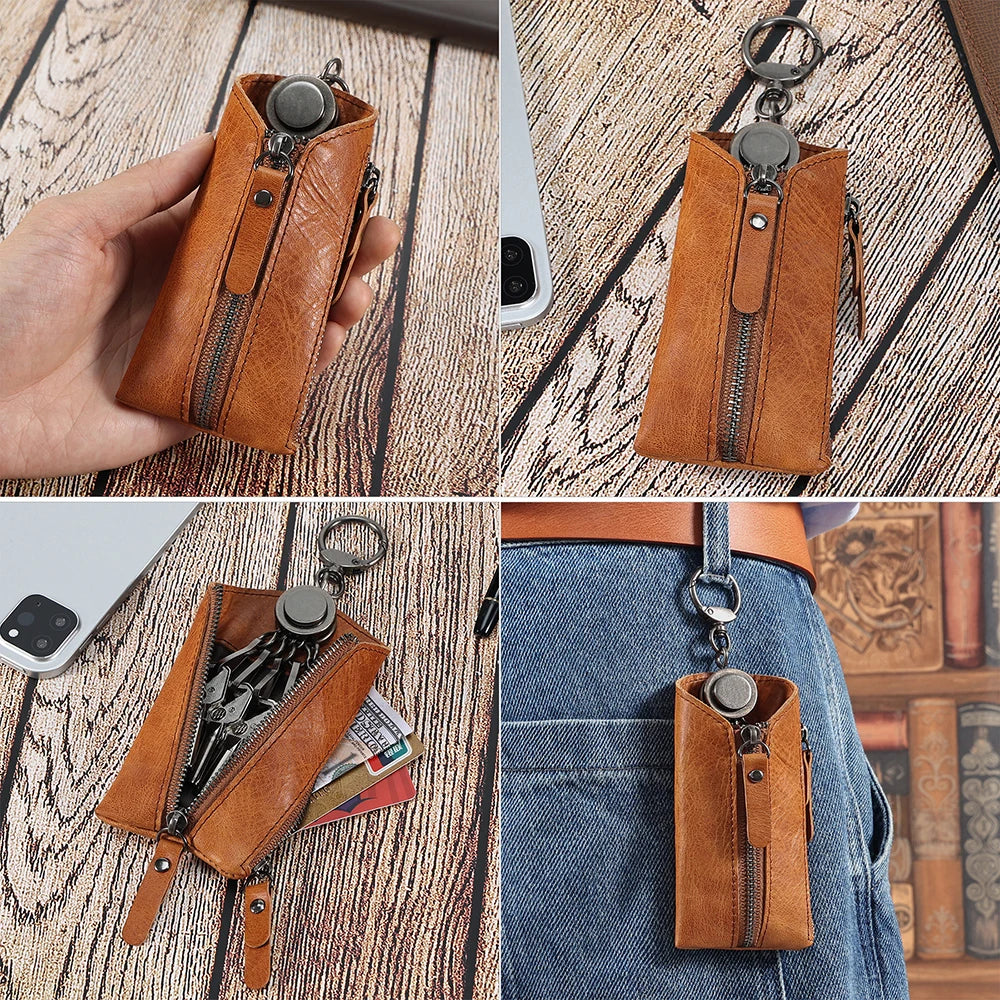 Leather Key Wallet Vintage Men Car Key Holder Zipper Keys Case