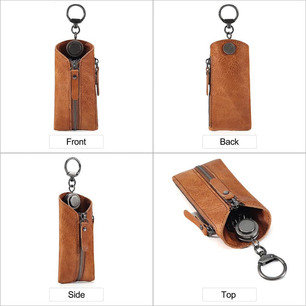 Leather Key Wallet Vintage Men Car Key Holder Zipper Keys Case