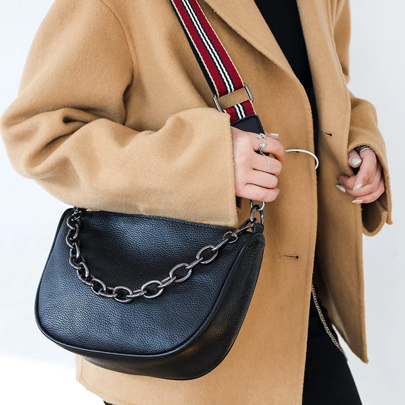 Leather Handbag Chains Cowhide Female Shoulder Bag