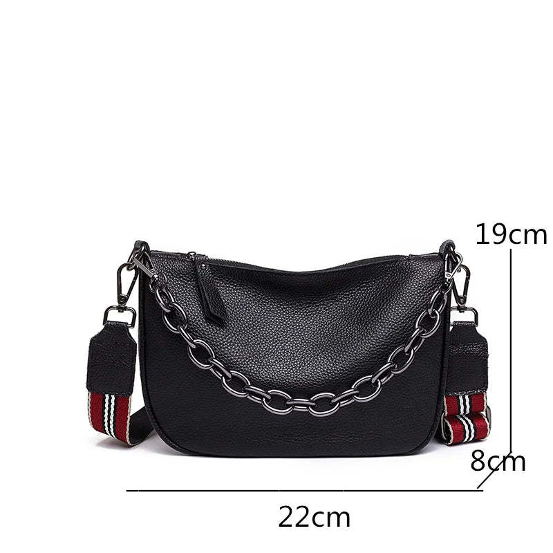Leather Women Handbag Chains Cowhide Female Shoulder Bag