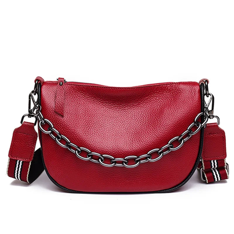 Leather Women Handbag Chains Cowhide Female Shoulder Bag