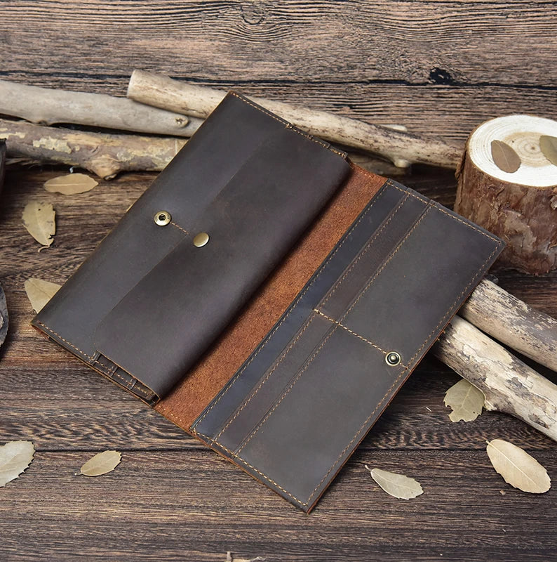 Crazy Horse Leather Long Wallet Men Purse with Phone Pocket