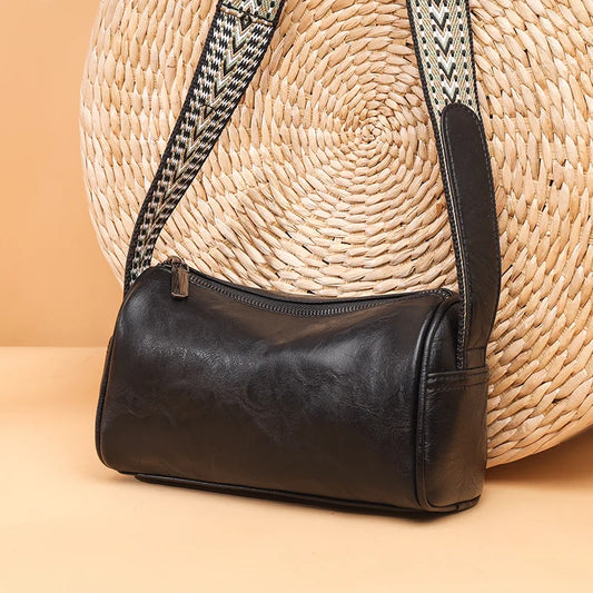 Cowhide Boston Bag Women's Shoulder Handbag Wide Strap Messenger