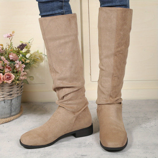 Women's Slouch Knee High Boots Round Toe Pull On Micro Suede Boots