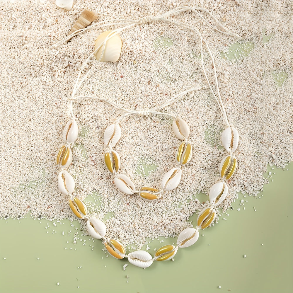 Colorful Shell Necklace & Bracelet Set, Adjustable Braided Jewelry