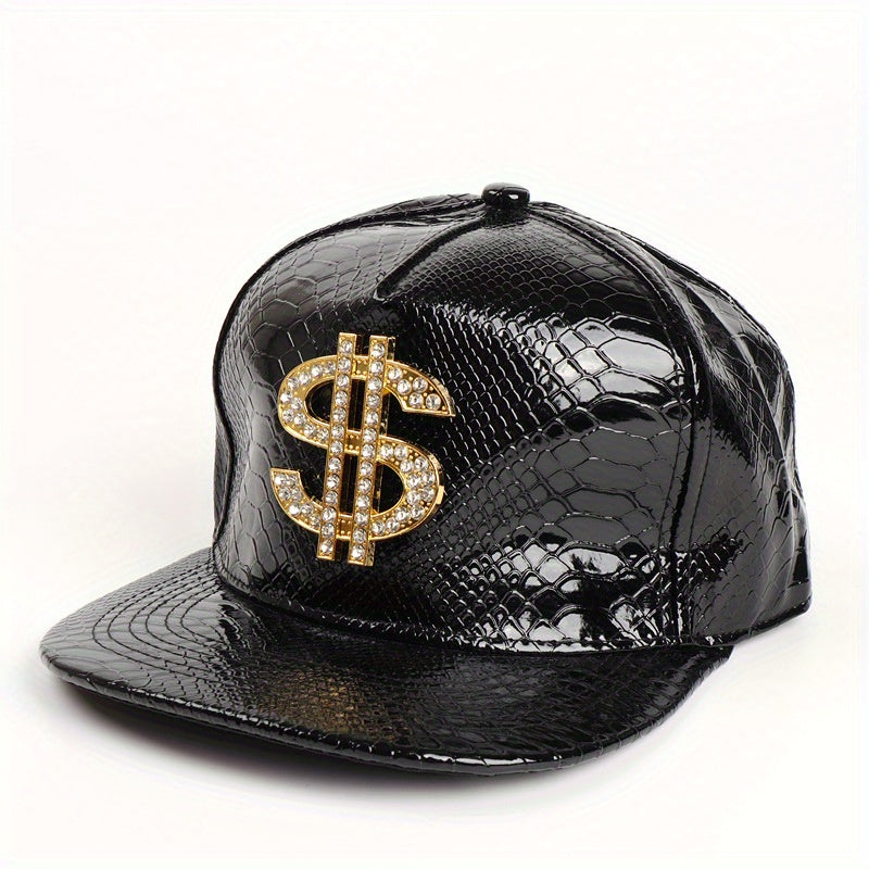 Leather Hip Hop Flat Brim Hat Dollar Point Drill Crocodile Print Baseball Cap