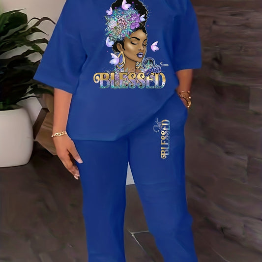 Blessed Print Casual Two piece Set Crew Neck Tops & Long Length Jogger Pants