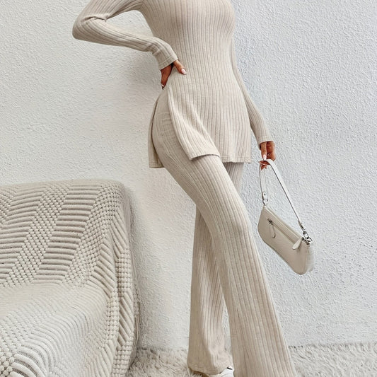 Ribbed Lounge Set Long Sleeve Top & Pants Women's Loungewear