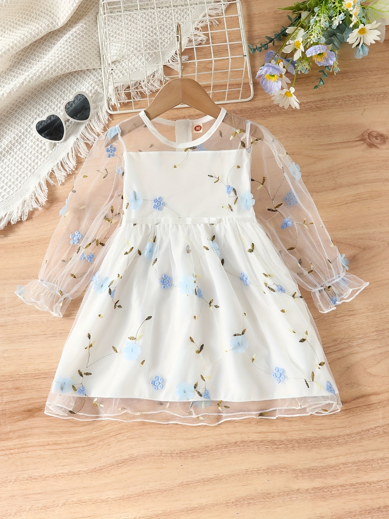 Girls Long Sleeve Flower Mesh Dress Sweet Princess Summer