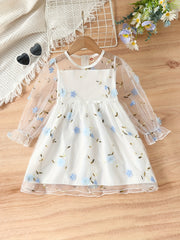 Girls Long Sleeve Flower Mesh Dress Sweet Princess Summer