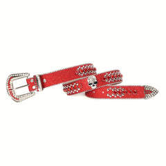 Red Rhinestone Hip Hop Belt Skull Rivet Decor Glitter Sparkling PU Leather Belt