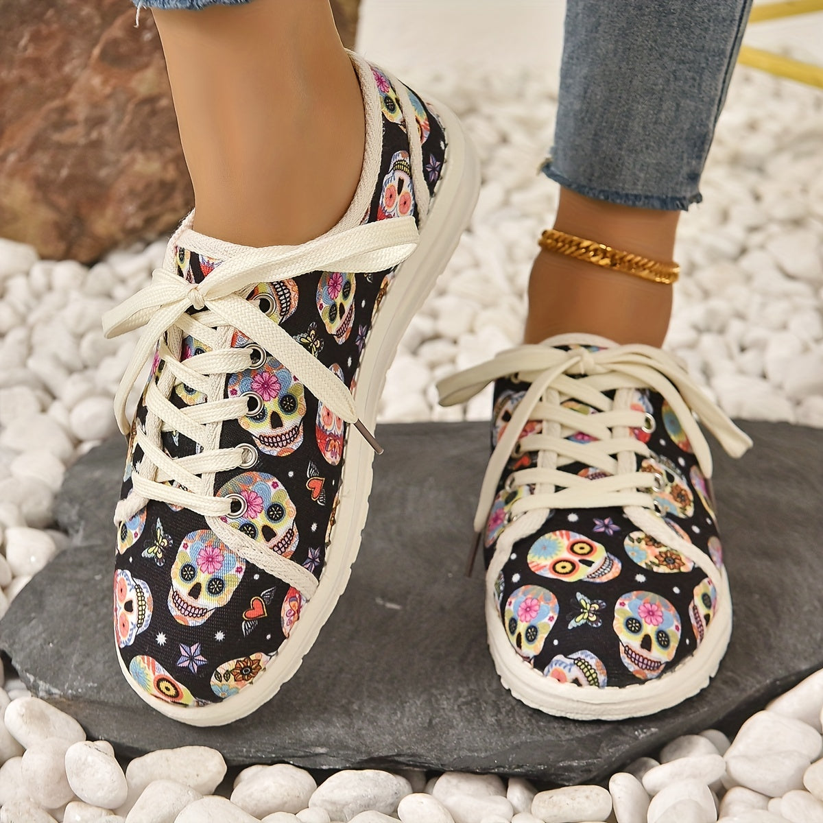 Colorful Skull Graphic Sneakers Lace Up Flat Canvas Shoes