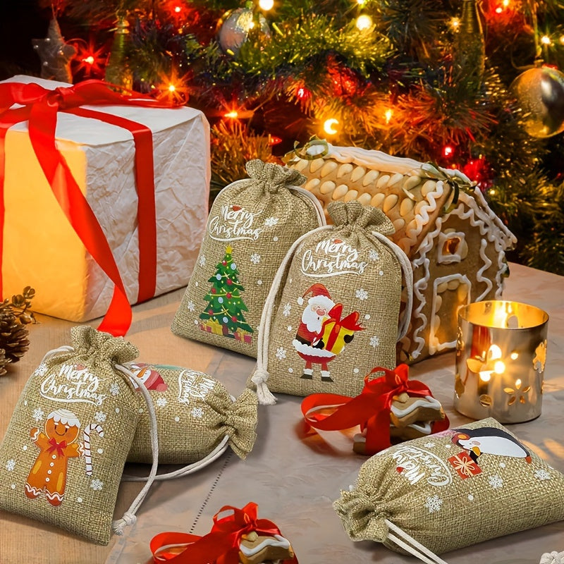 24pcs Christmas Burlap Gift Bag Drawstring Christmas Flax Bag