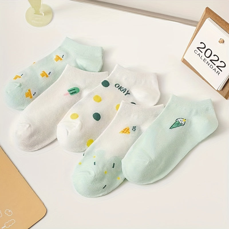 5 Pairs Cartoon Print Low Cut Ankle Socks Women Stockings