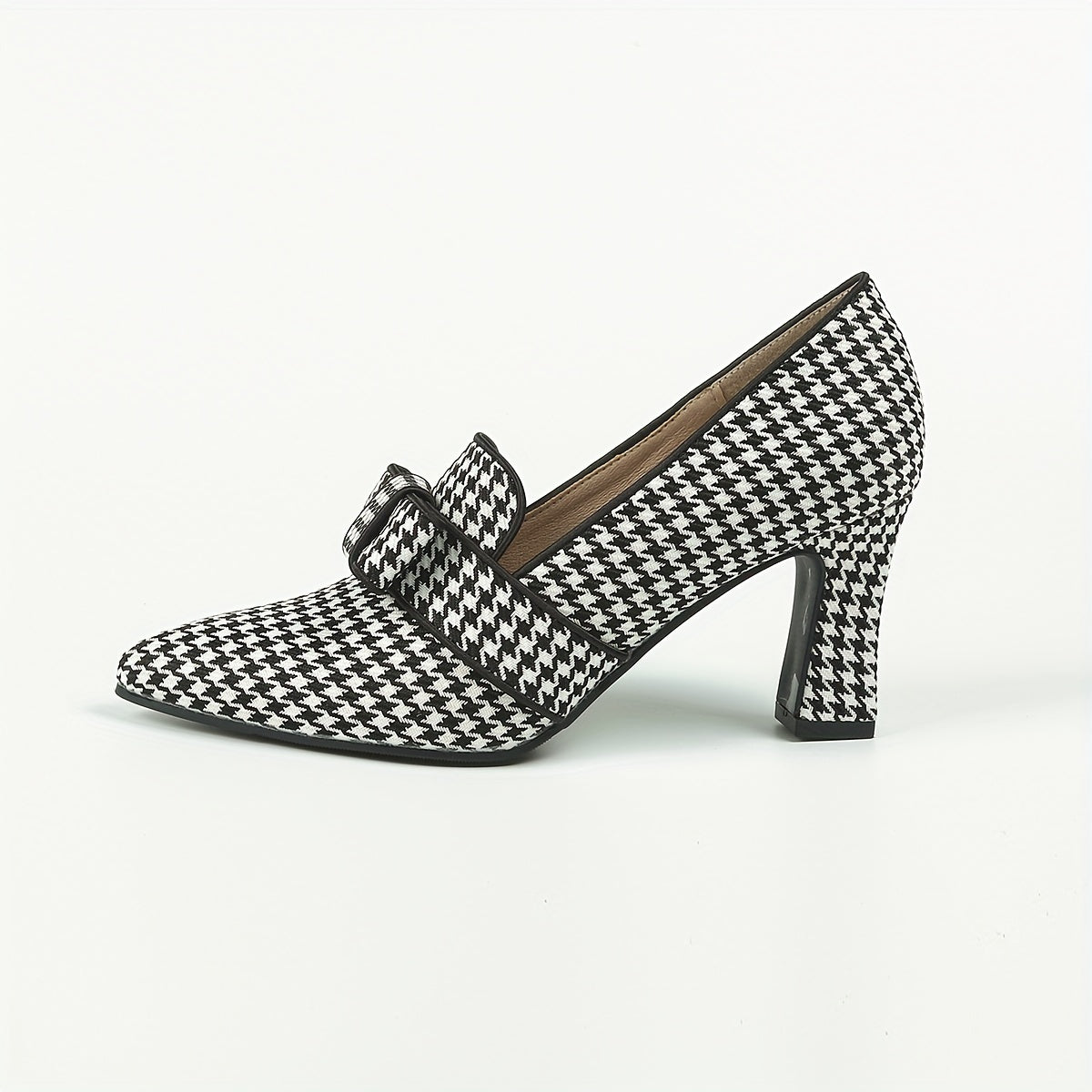 Women's Houndstooth Pumps Bowknot Slip On Chunky Heels