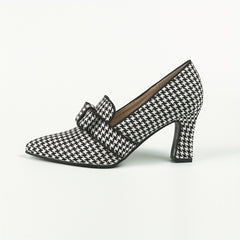 Women's Houndstooth Pumps Bowknot Slip On Chunky Heels