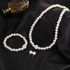 Faux Pearls Jewelry Set Choker Necklace Bracelet Earrings Crystal Chain