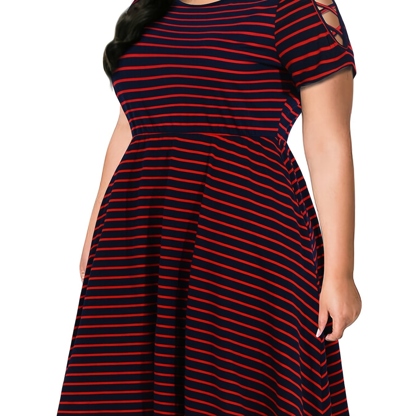 Strip Print Criss Cross Short Sleeve Midi Dress Women's Plus