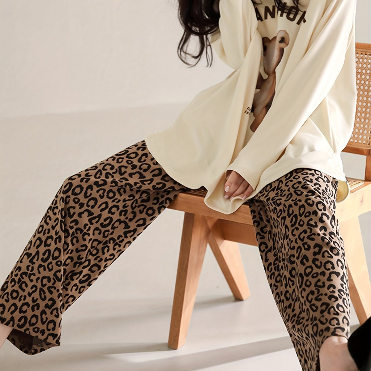 Bear Print Pajama Set Long Sleeve Top & Leopard Pants