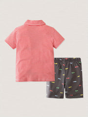 Cartoon Car Shorts & Striped T Shirt Set for Kids
