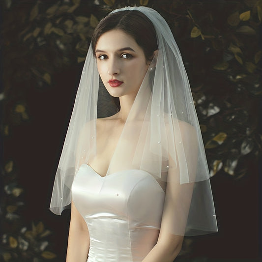 Double Layer Bridal Veil Faux Pearl Beads Mesh Head Piece Wedding