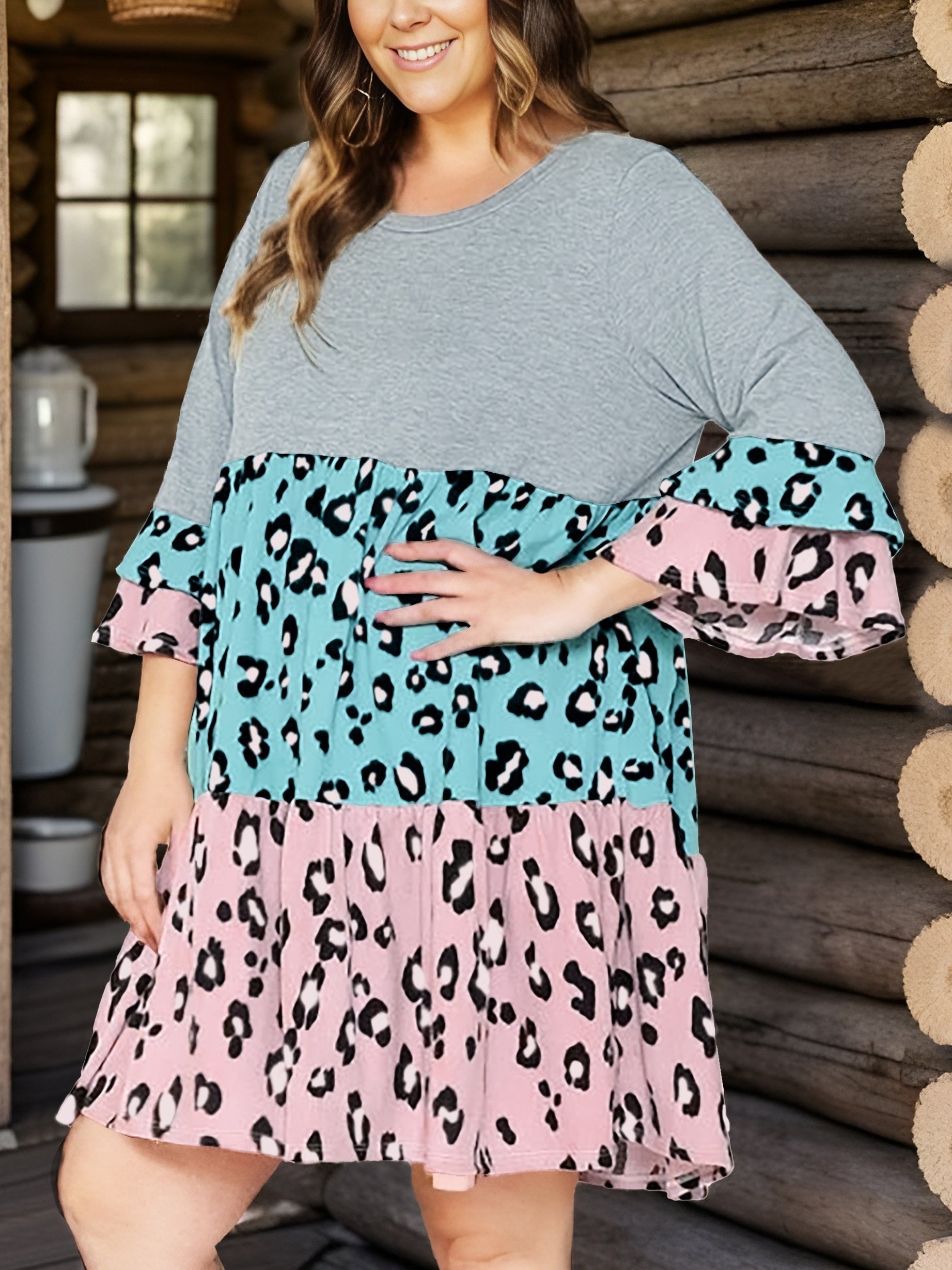  Boho Dress Women's Plus Leopard Print Layered Bell Sleeve Dress