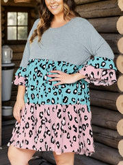  Boho Dress Women's Plus Leopard Print Layered Bell Sleeve Dress