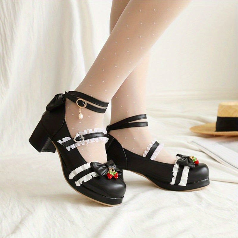 Women's Bowknot Chunky Heels Sweet Strawberry Buckle Strap Shoes