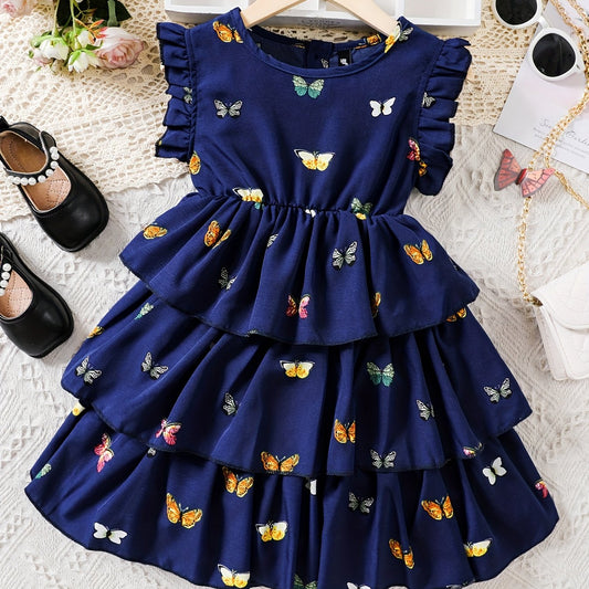 Girls Flutter Sleeve Butterfly Print A Line Tiered Casual Dress