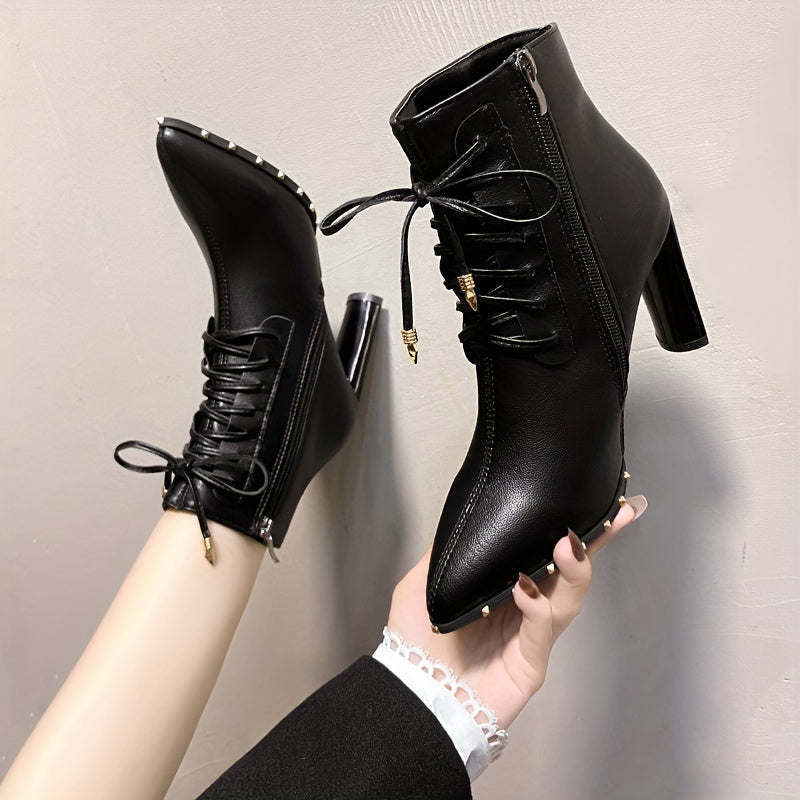 Women's Point Toe Lace Up Block Heeled Boots
