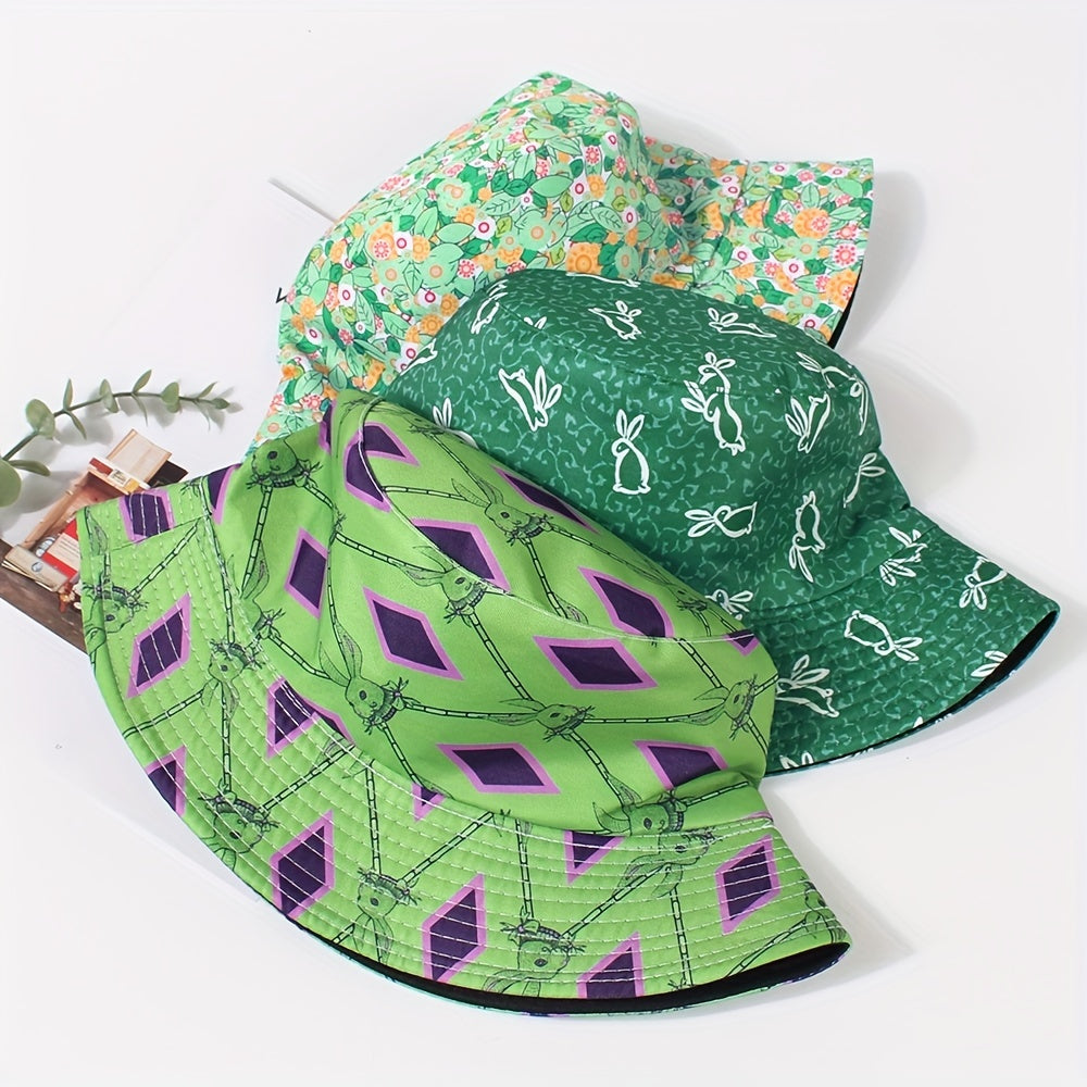 Green Rabbit Print Bucket Hat Lightweight Casual Fisherman Cap