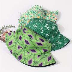 Green Rabbit Print Bucket Hat Lightweight Casual Fisherman Cap