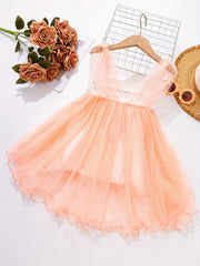 Girls Mesh Cover Up Overall Dress With Pearl Chain Decor