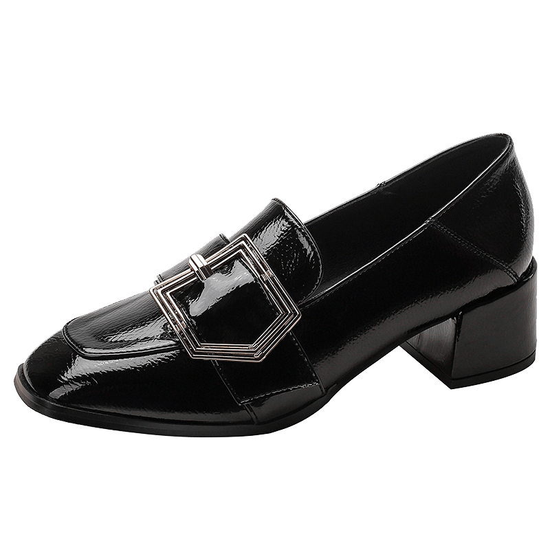 Women's Buckle Strap Block Mid Heels Loafers Square Toe British