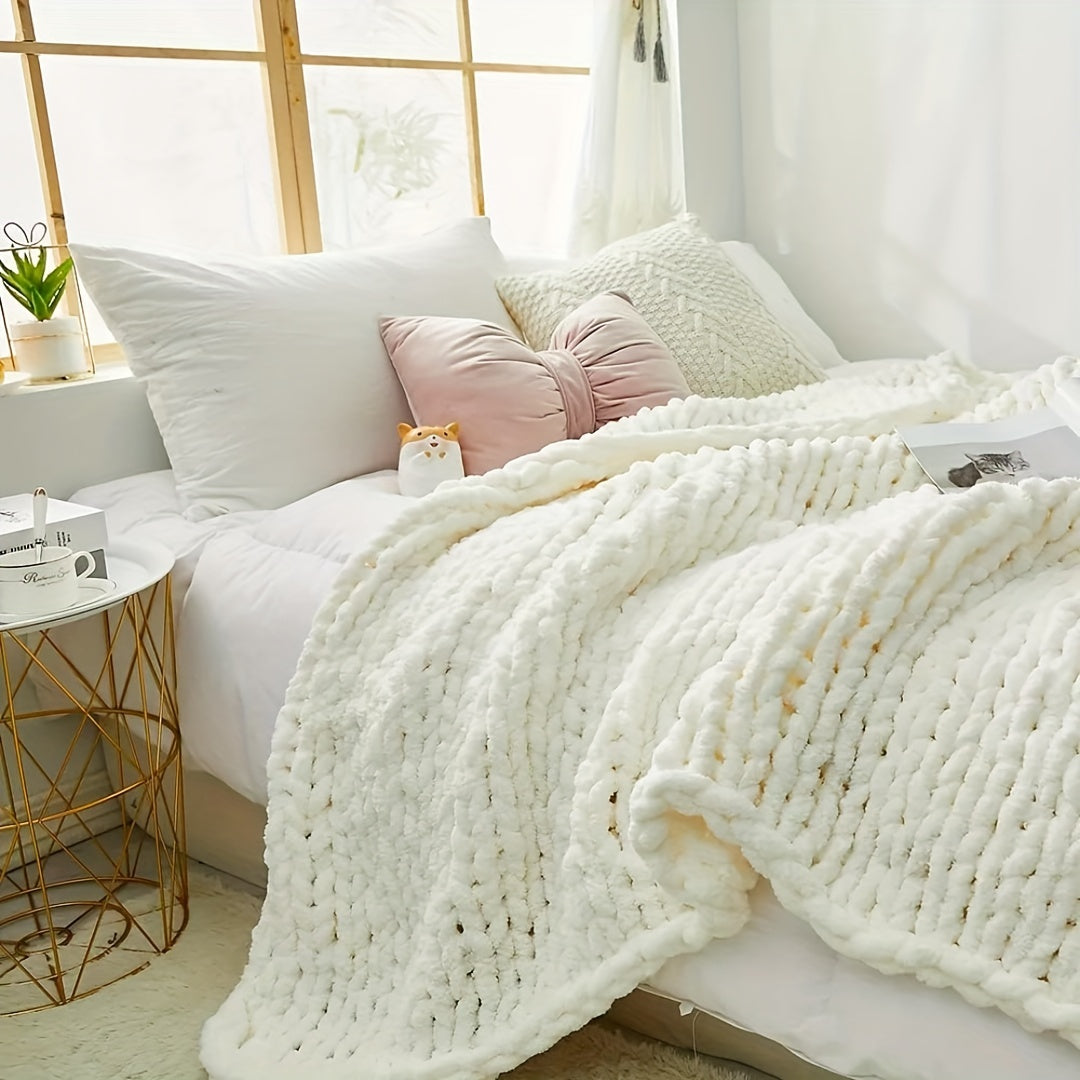 Chunky Knit Blanket Throw Chenille Yarn Cozy Thick Cable Knitted Blanket
