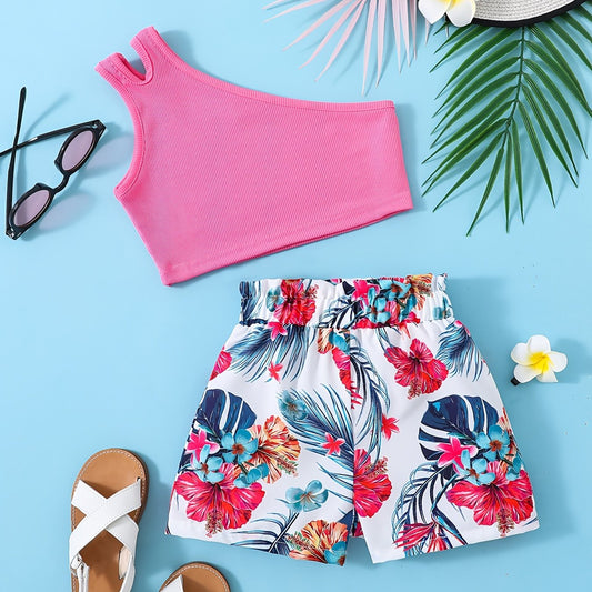2pcs Girls Cut Out Crop Top & Floral Shorts Set Summer Clothes