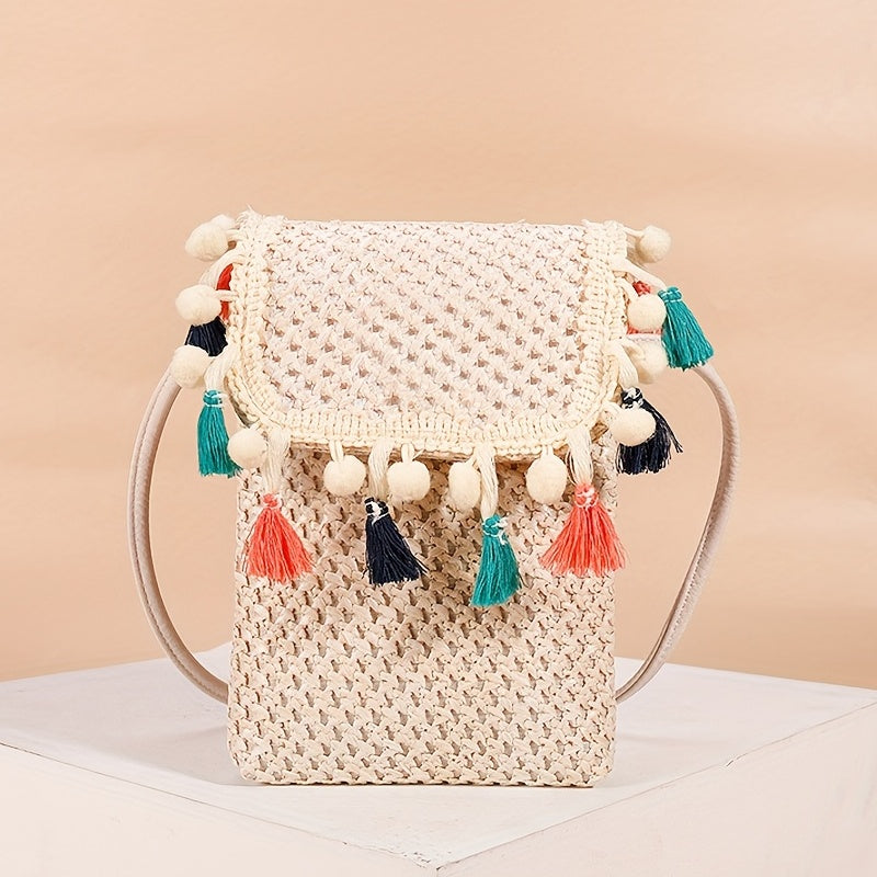 Straw Crossbody Bag with Colorful Tassel Decor