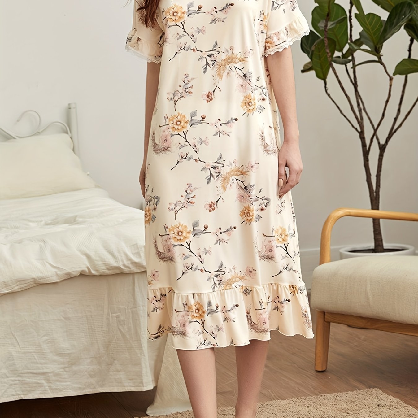 Floral Print NightDress Short Sleeve Ruffle Pajama Dress