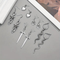Punk Vintage Silver Snakes Butterfl. Sword Skull Earrings Set 9 Pairs