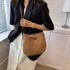 Women's Rattan Crossbody Bag Saddle Straw Woven Shoulder Handbag